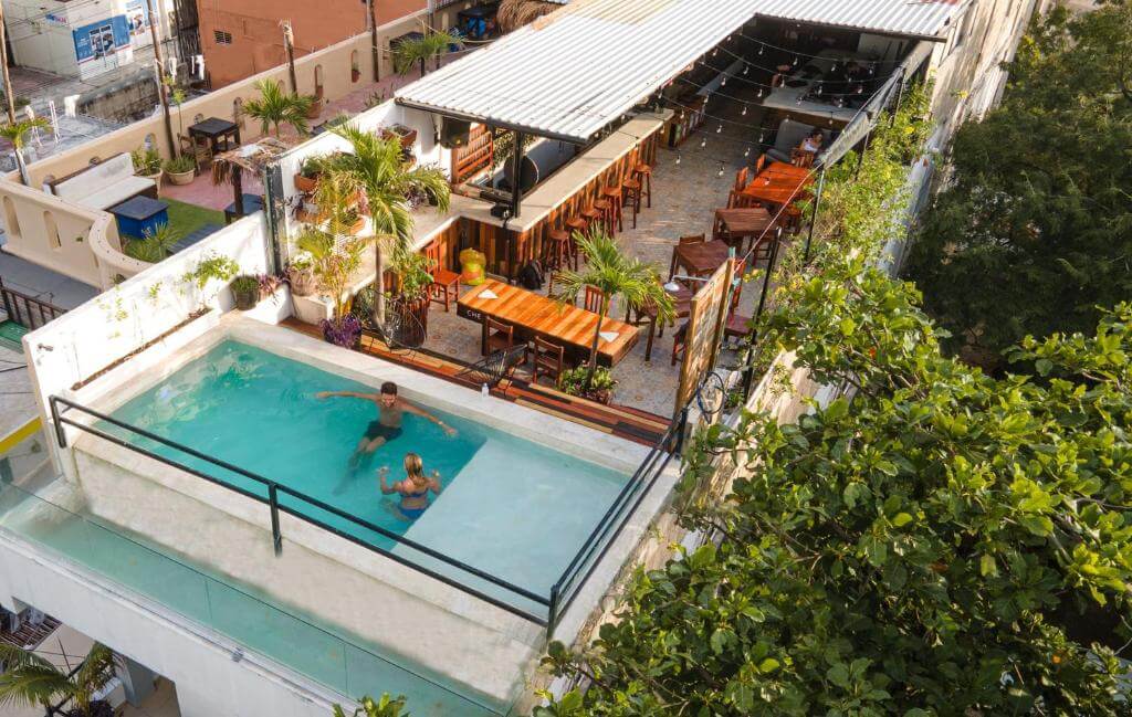 Che Playa Hostel and Bar rooftop pool from an aerial view