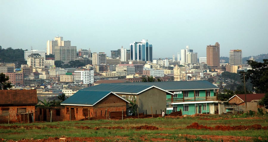 skyline in the late afternoom of houses and multistory buildings in kampala uganda