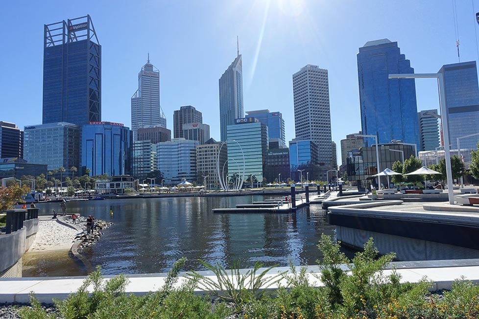 Looking out over the harbour towards the CBD skyscrapers and skyline of the city centre in Perth, Australia