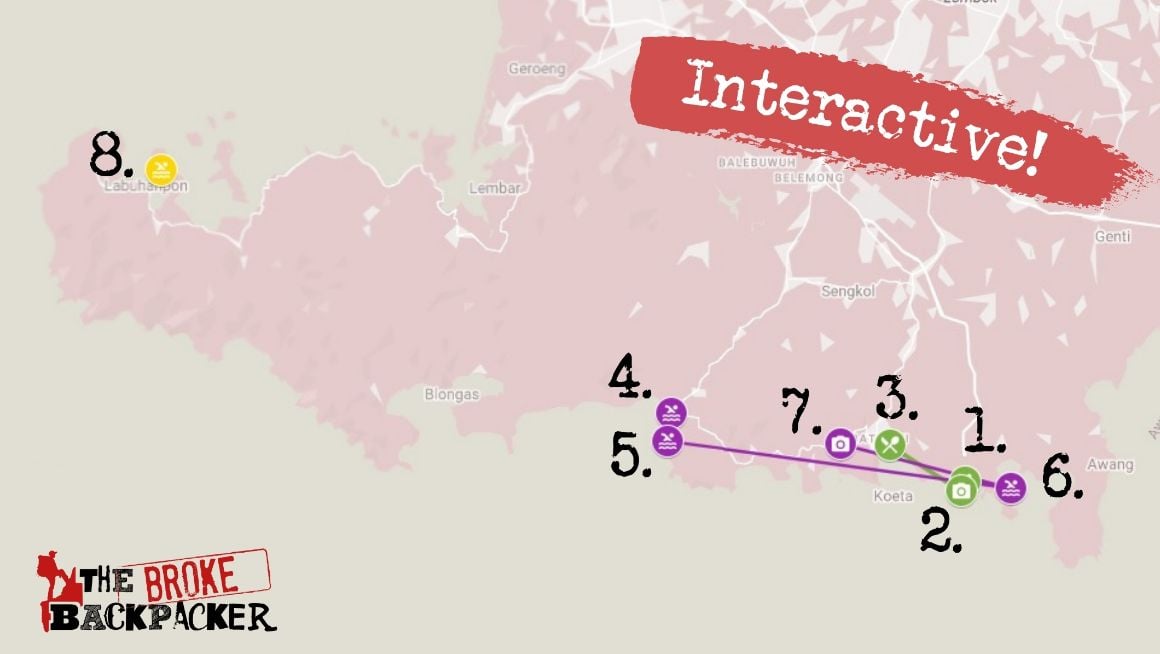 kuta lombok 3days Itinerary map