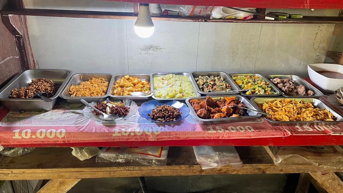 Nasi Campur style buffet in a warung in Indonesia