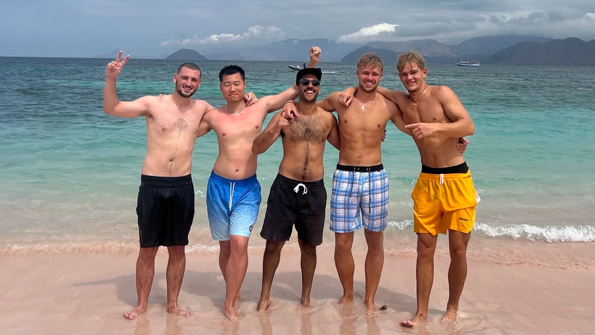 Friends on Pink Beach, Komodo Island, Indonesia