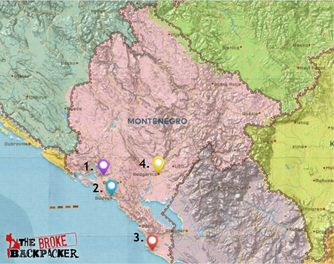 Map of Where to Stay in Montenegro