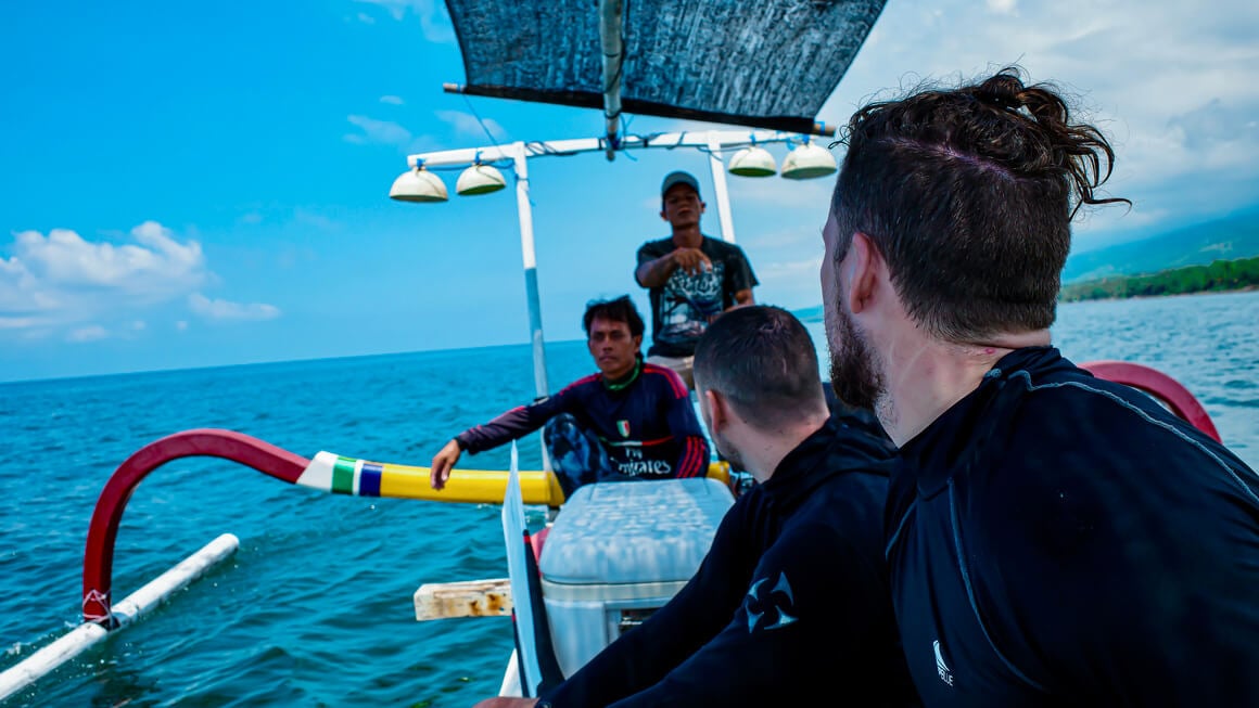 will and joe on a boat about to go freediving/ spearfishing in bali