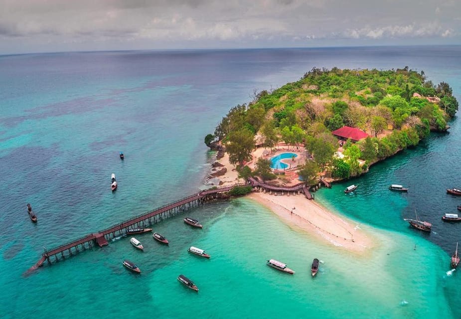 View looking down on the clear blue sea surrounding Prison Island, Zanzibar