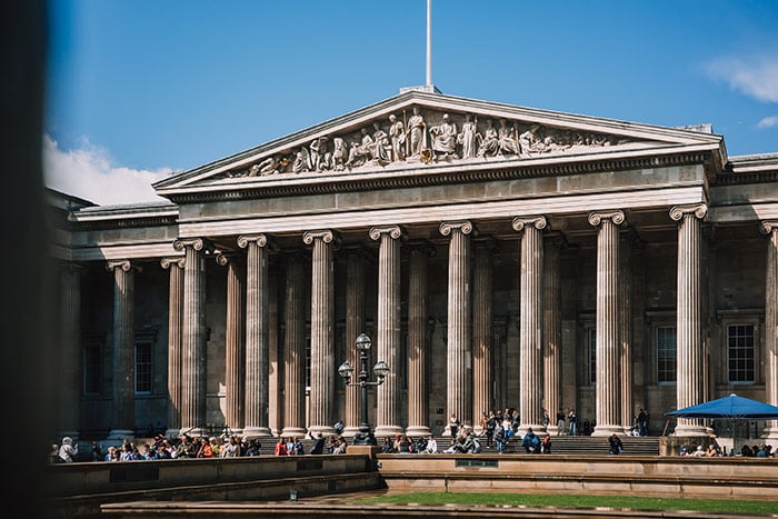 queue lined up outside the british museum. london, england