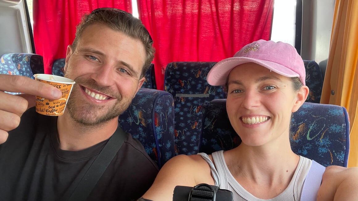 dani and harv on a bus in albania