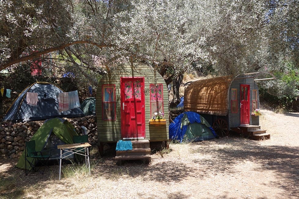 Sheds, cabins and tents at a homestay in Turkey on the beach whilst volunteering