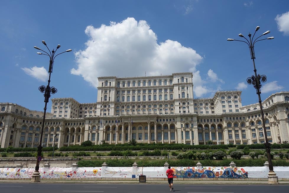 The massive parliament building in Bucharest, Romania