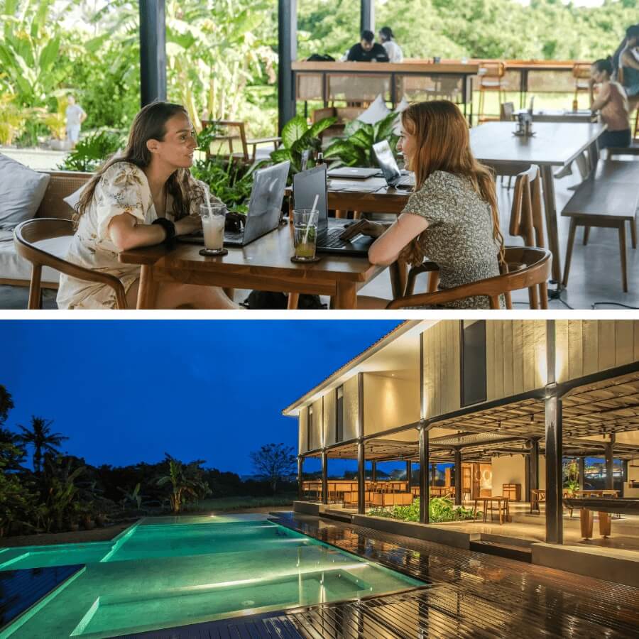 Two friends co working at a table in Tribal Hostel Bali with fresh juices followed by a picture of the outdoor swimming pool lit up at night