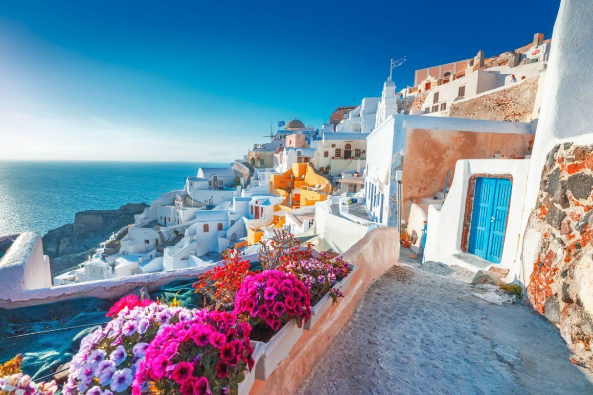 Santorini traditional houses with street flowers