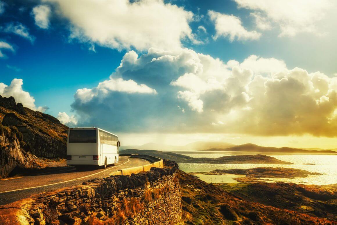 Ireland tourist bus on mountain road