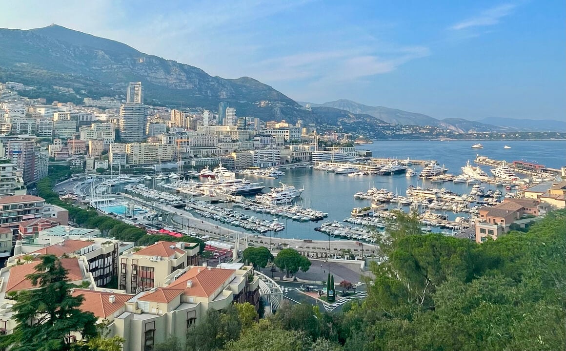 view looking down across the monaco marina full ofsuper  yachts