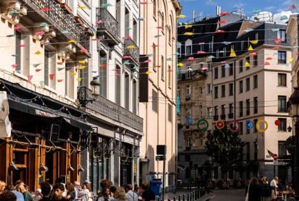 The streets of Brussels with bunting hanging down, Belgium