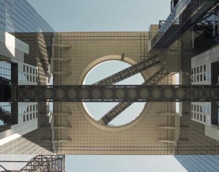 Umeda sky building from below in Osaka, Japan.